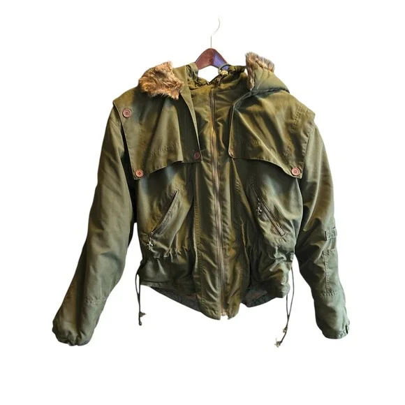 Express French Country Olive‎ Green Hooded Faux Fur Lined Jacket Size S - Picture 10 of 10